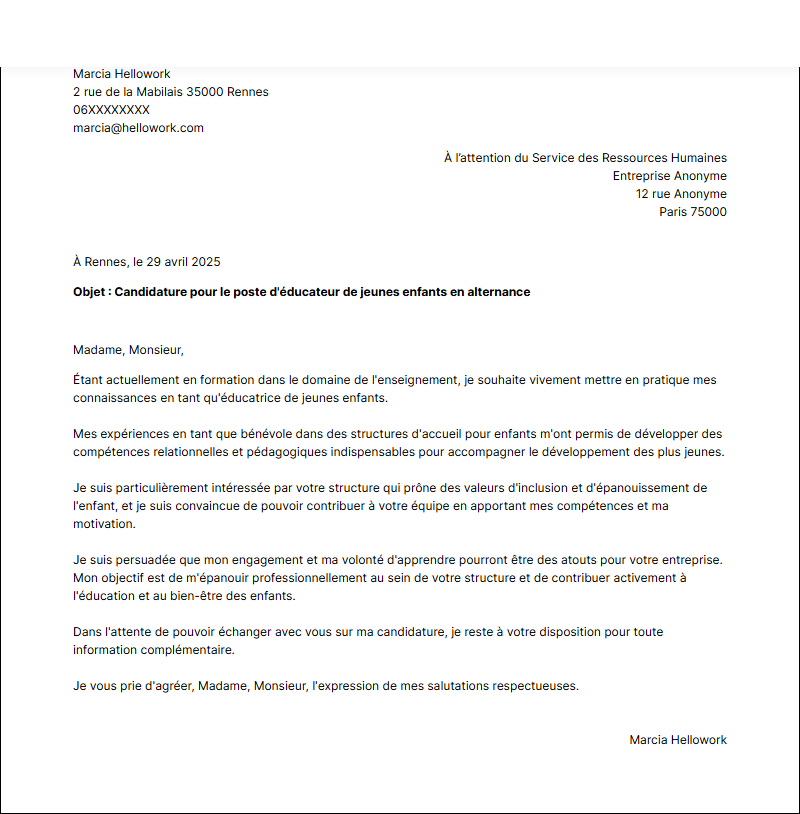 Modèle lettre de motivation EJE en alternance Exemple lettre de motivation EJE en alternance