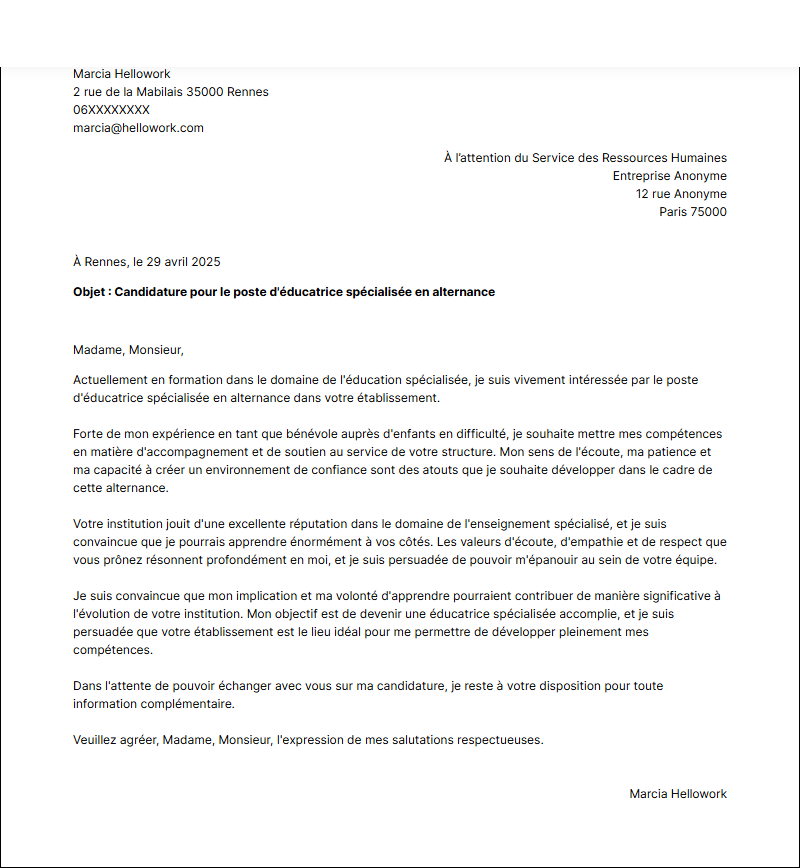 Modèle lettre de motivation Educateur spécialisé en alternance Exemple lettre de motivation Educateur spécialisé en alternance