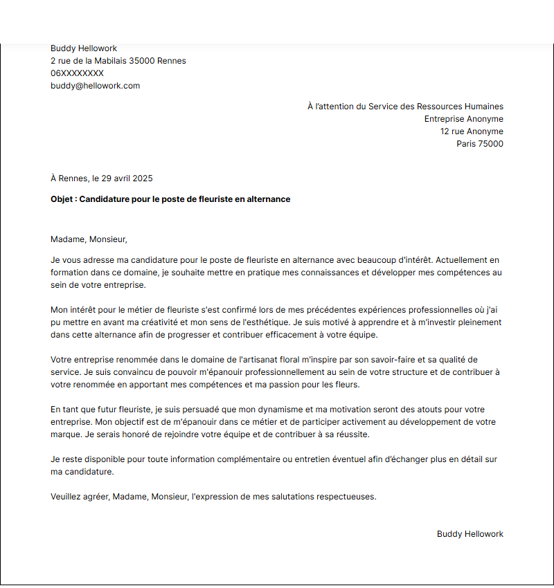 Exemple lettre de motivation Fleuriste en alternance