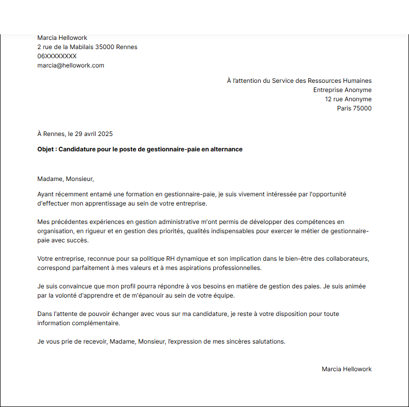 Modèle lettre de motivation Gestionnaire de paie en alternance Exemple lettre de motivation Gestionnaire de paie en alternance