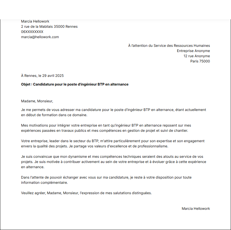 Modèle lettre de motivation Ingénieur BTP en alternance Exemple lettre de motivation Ingénieur BTP en alternance