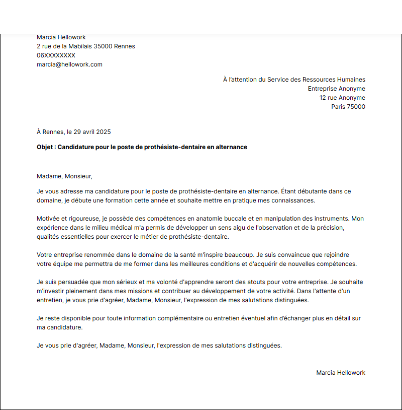 Modèle lettre de motivation Prothésiste dentaire en alternance Exemple lettre de motivation Prothésiste dentaire en alternance