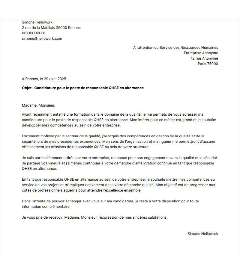 Modèle lettre de motivation Responsable QSE en alternance Exemple lettre de motivation Responsable QSE en alternance