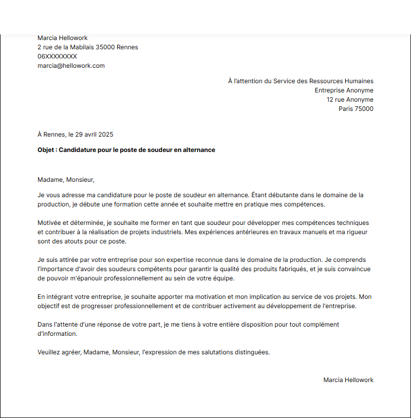 Modèle lettre de motivation Soudeur en alternance Exemple lettre de motivation Soudeur en alternance