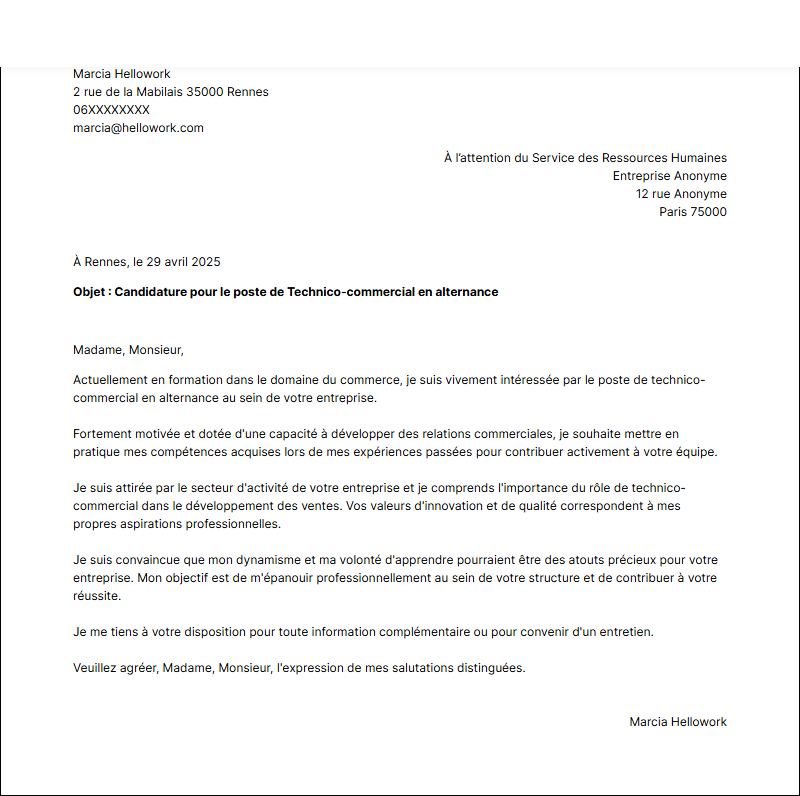 Modèle lettre de motivation Technico-commercial en alternance Exemple lettre de motivation Technico-commercial en alternance