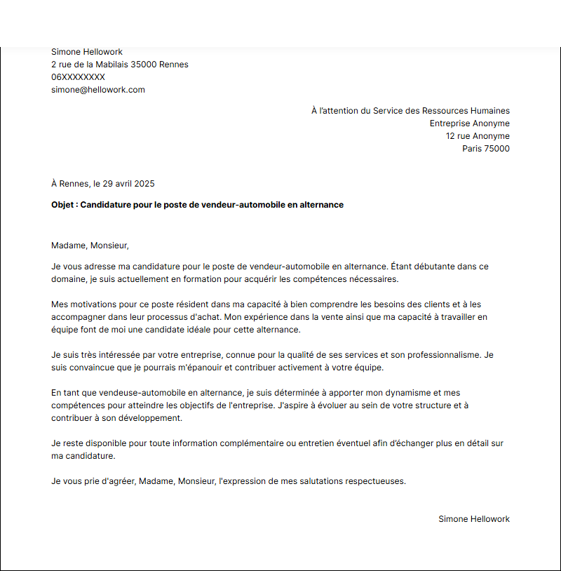 Modèle lettre de motivation Vendeur automobile en alternance Exemple lettre de motivation Vendeur automobile en alternance