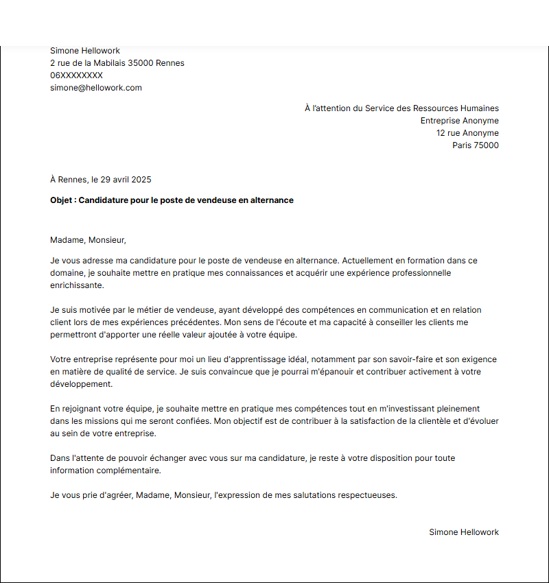 Modèle lettre de motivation Vendeur en alternance Exemple lettre de motivation Vendeur en alternance