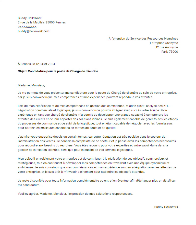 Modèle lettre de motivation pour le secteur Administration des ventes Exemple lettre de motivation pour le secteur Administration des ventes