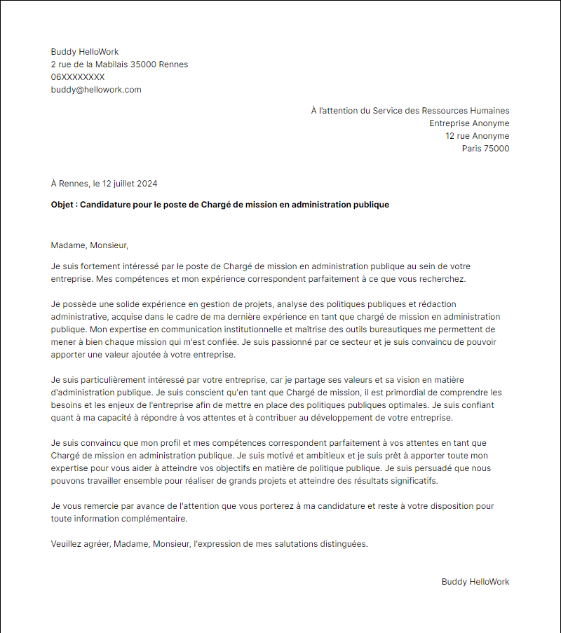 Modèle lettre de motivation pour le secteur Administration publique Exemple lettre de motivation pour le secteur Administration publique