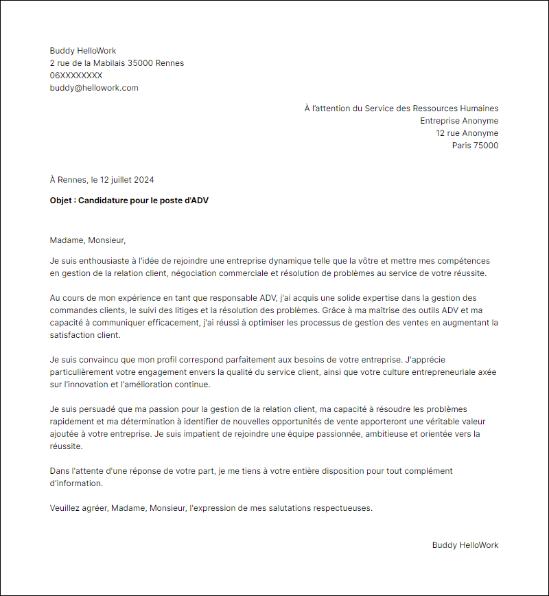 Modèle lettre de motivation en tant que Adv Exemple lettre de motivation en tant que Adv