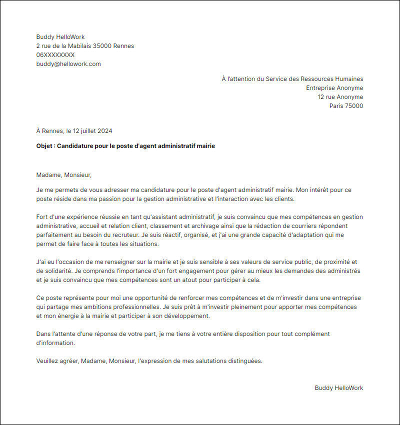 Modèle lettre de motivation en tant que Agent Administratif Mairie Exemple lettre de motivation en tant que Agent Administratif Mairie