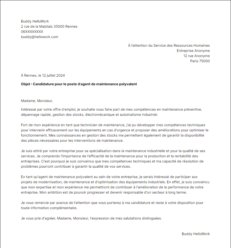 Modèle lettre de motivation en tant que Agent de maintenance polyvalent Exemple lettre de motivation en tant que Agent de maintenance polyvalent