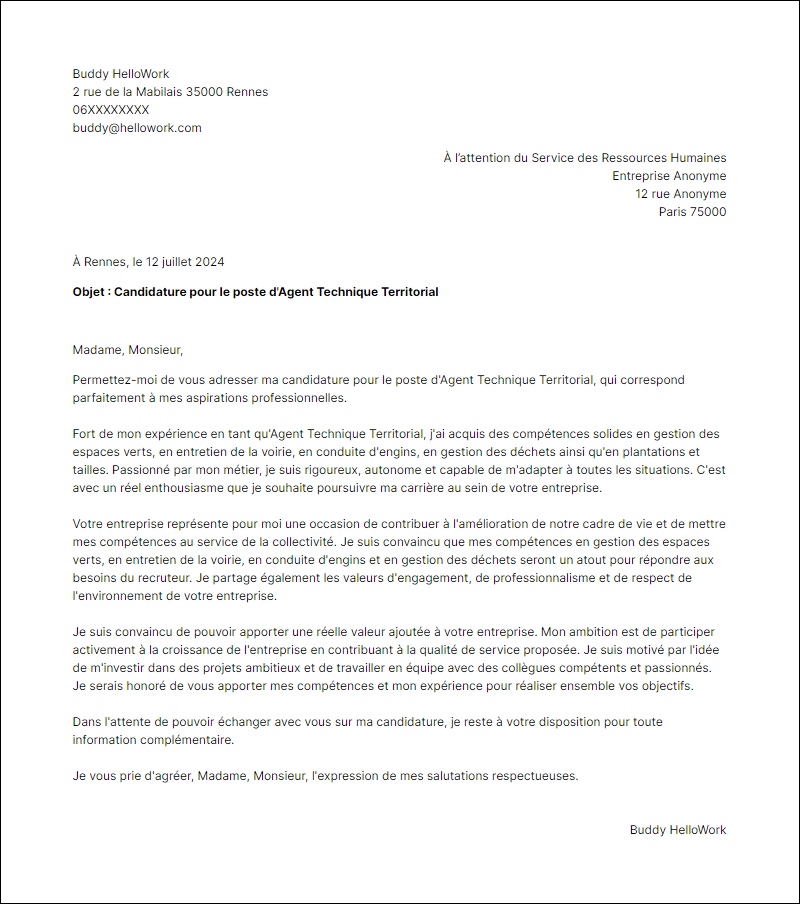 Modèle lettre de motivation en tant que Agent Technique Territorial Exemple lettre de motivation en tant que Agent Technique Territorial