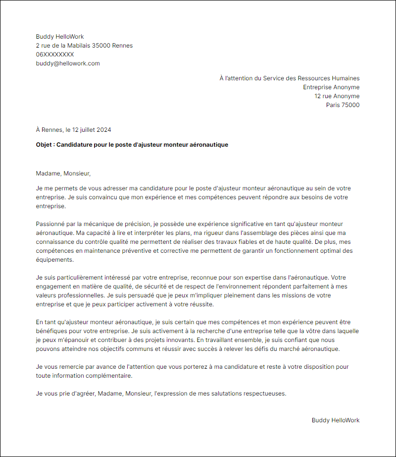 Modèle lettre de motivation en tant que Ajusteur monteur aéronautique Exemple lettre de motivation en tant que Ajusteur monteur aéronautique