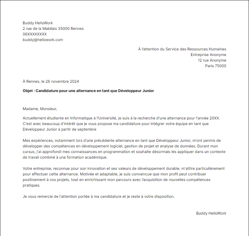 Modèle lettre de motivation Alternance Exemple lettre de motivation Alternance