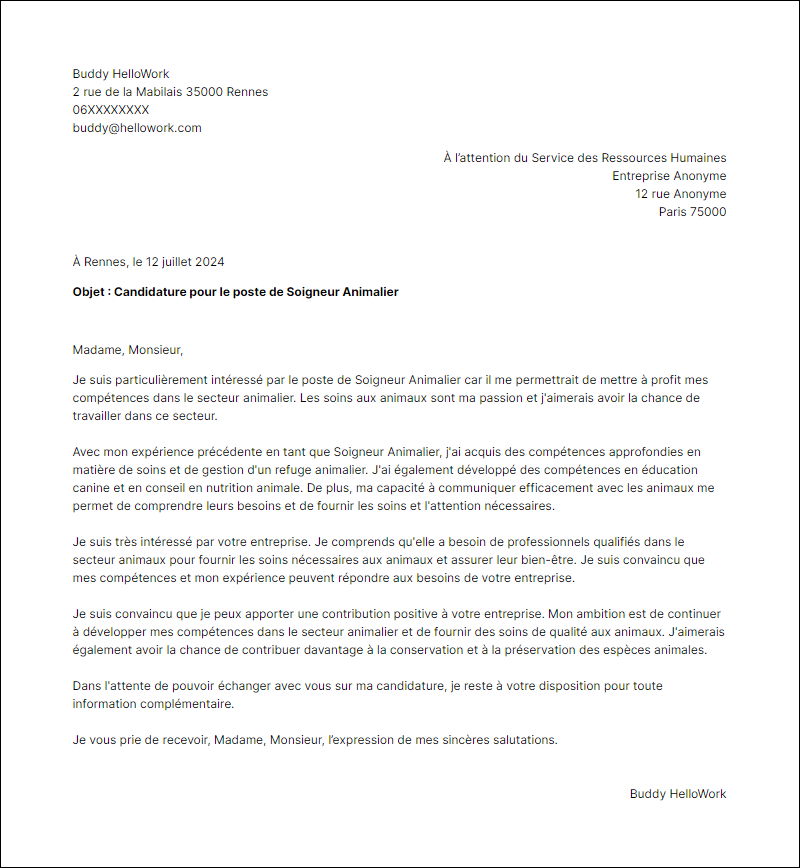Modèle lettre de motivation pour le secteur Animaux Exemple lettre de motivation pour le secteur Animaux