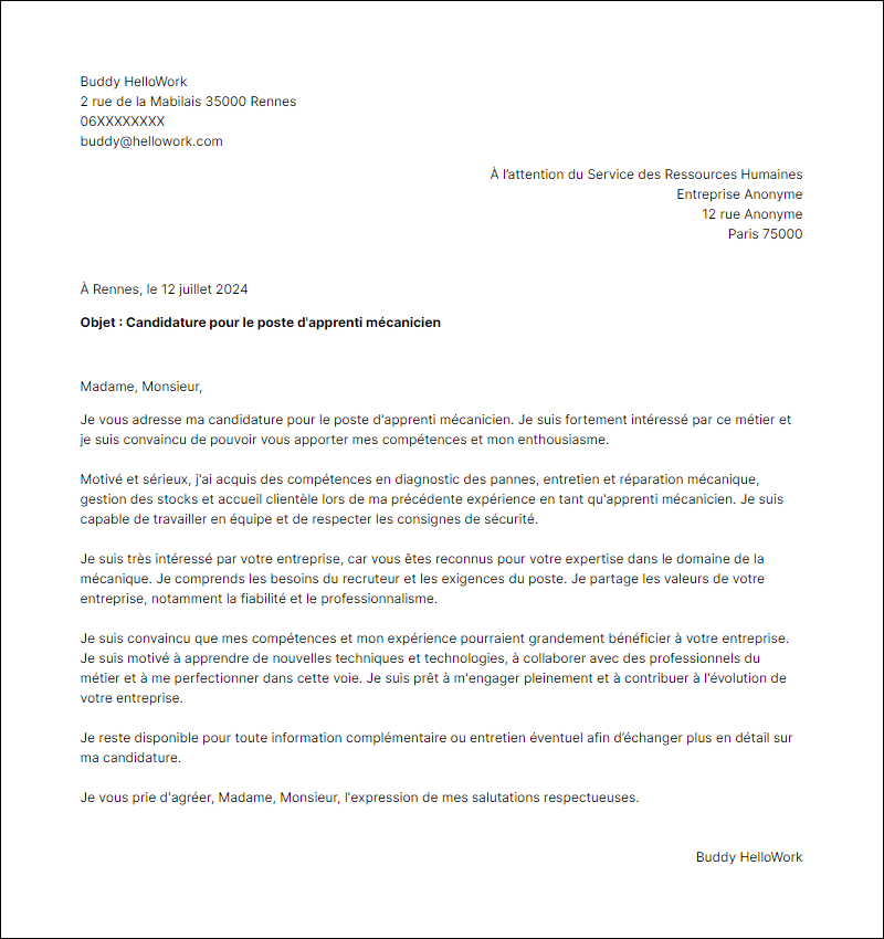 Modèle lettre de motivation en tant que Apprenti Mecanicien Exemple lettre de motivation en tant que Apprenti Mecanicien
