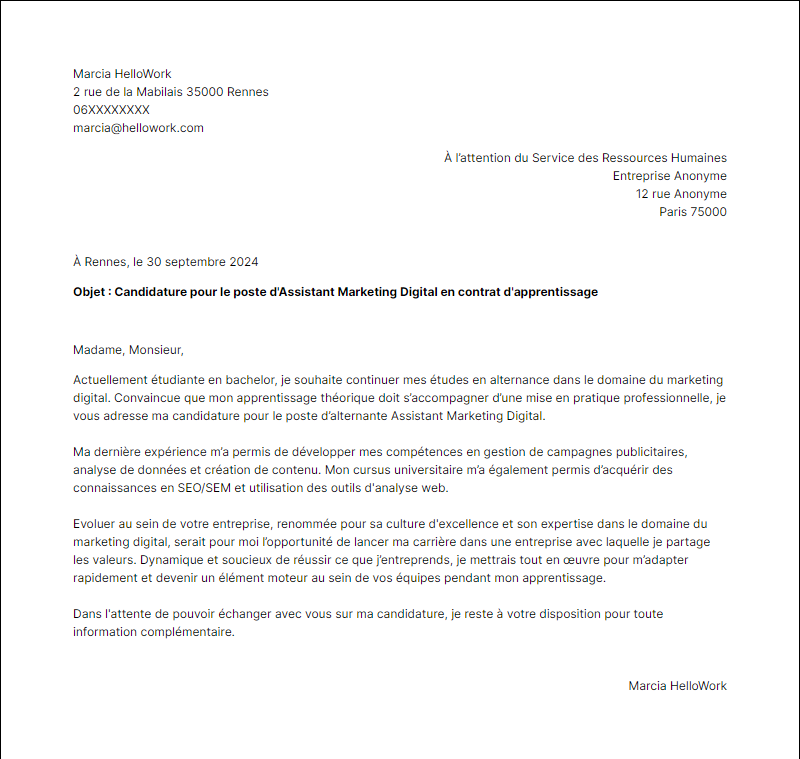 Modèle lettre de motivation Apprentissage Exemple lettre de motivation Apprentissage