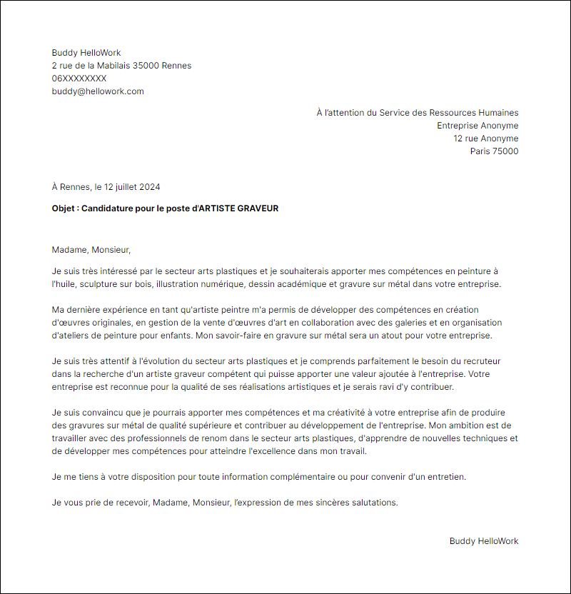 Modèle lettre de motivation pour le secteur Arts plastiques Exemple lettre de motivation pour le secteur Arts plastiques
