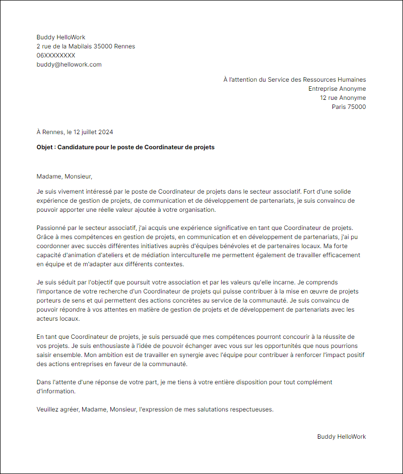 Modèle lettre de motivation pour le secteur Associatif Exemple lettre de motivation pour le secteur Associatif