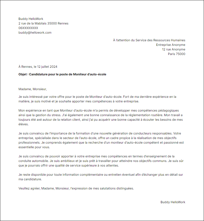 Modèle lettre de motivation pour le secteur Auto ecole Exemple lettre de motivation pour le secteur Auto ecole