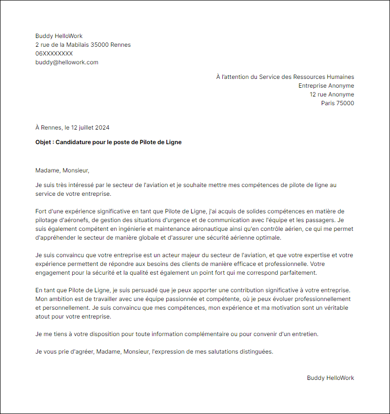 Modèle lettre de motivation pour le secteur Aviation Exemple lettre de motivation pour le secteur Aviation