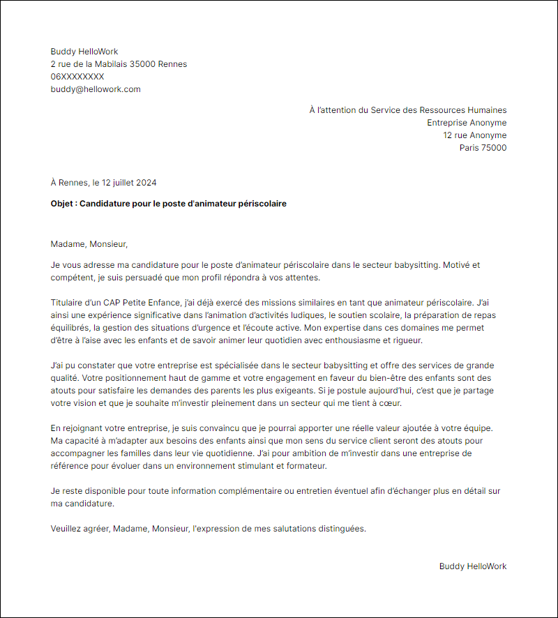 Modèle lettre de motivation pour le secteur Babysitting Exemple lettre de motivation pour le secteur Babysitting