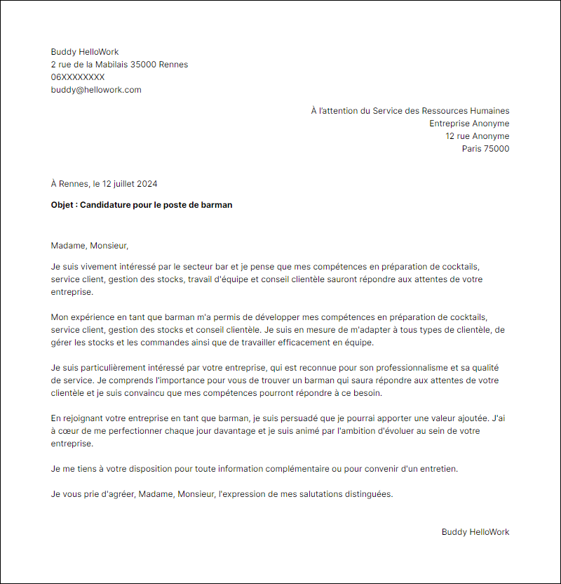 Modèle lettre de motivation pour le secteur Bar Exemple lettre de motivation pour le secteur Bar