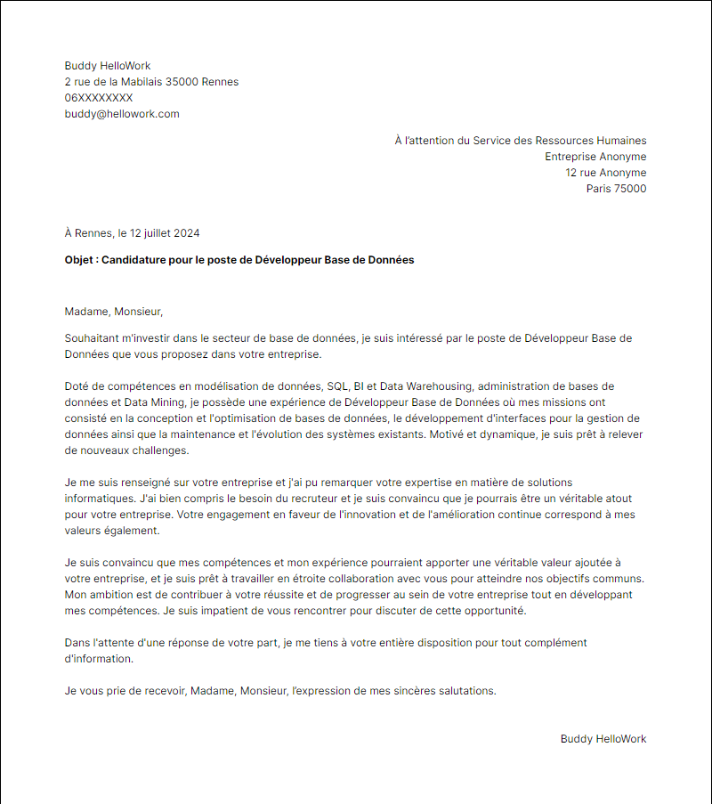 Modèle lettre de motivation pour le secteur Base de données Exemple lettre de motivation pour le secteur Base de données