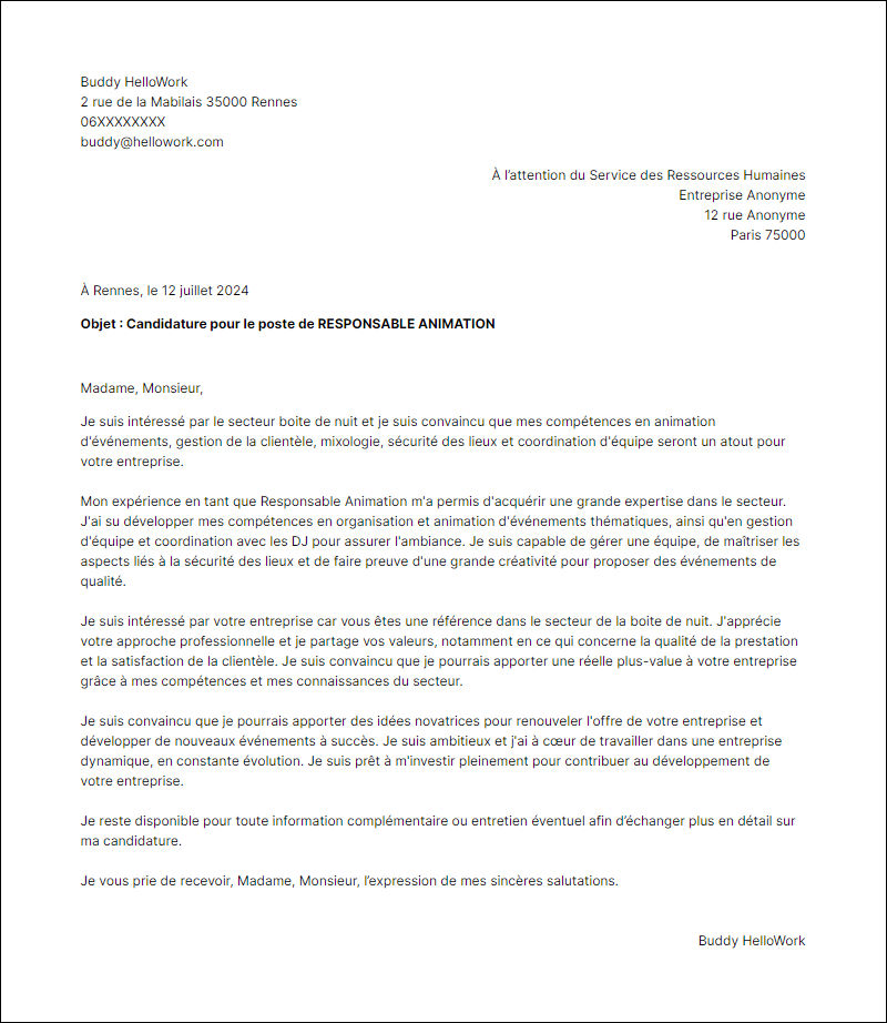Modèle lettre de motivation pour le secteur Boite de nuit Exemple lettre de motivation pour le secteur Boite de nuit