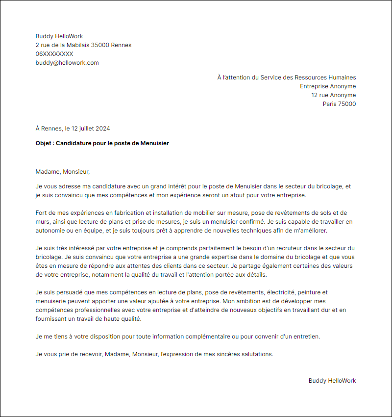 Modèle lettre de motivation pour le secteur Bricolage Exemple lettre de motivation pour le secteur Bricolage