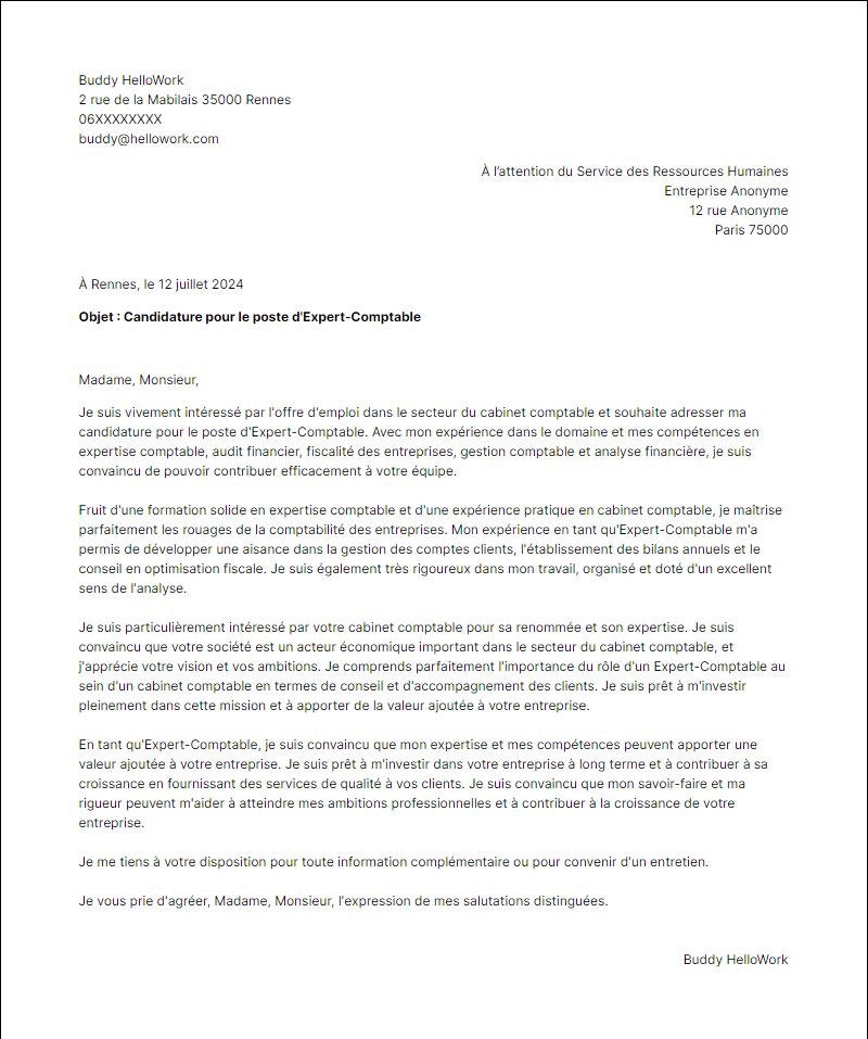 Modèle lettre de motivation pour le secteur Cabinet comptable Exemple lettre de motivation pour le secteur Cabinet comptable