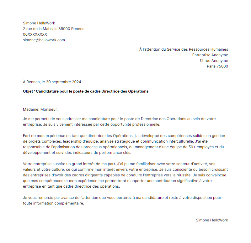 Modèle lettre de motivation Cadre Exemple lettre de motivation Cadre