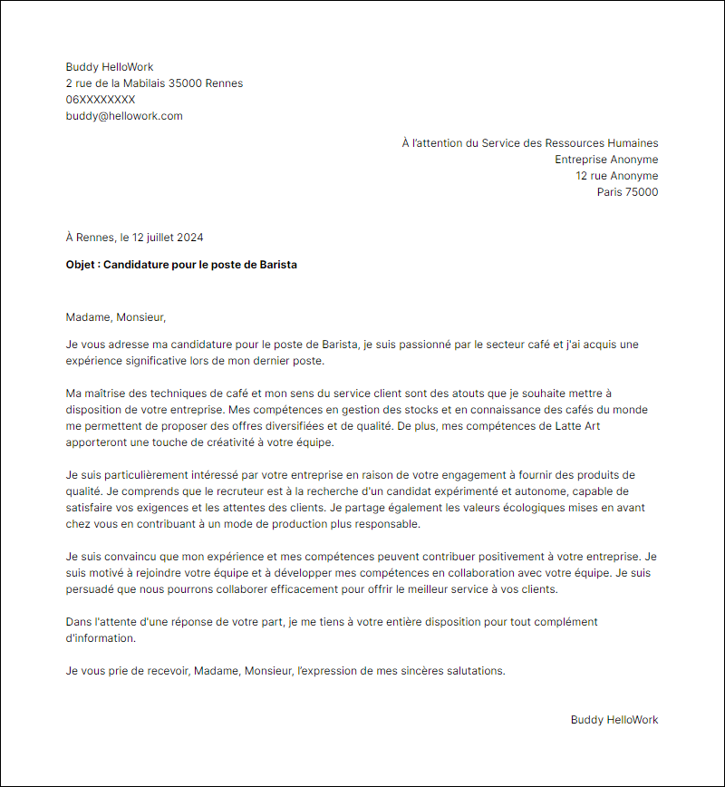 Modèle lettre de motivation pour le secteur Cafe Exemple lettre de motivation pour le secteur Cafe