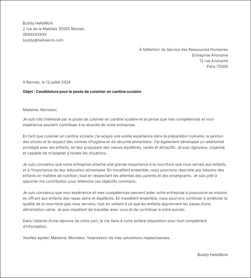 Modèle lettre de motivation pour le secteur Cantine scolaire Exemple lettre de motivation pour le secteur Cantine scolaire