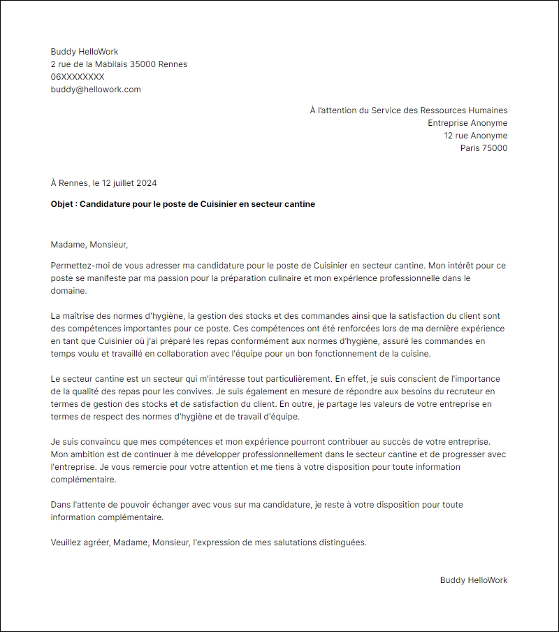 Modèle lettre de motivation pour le secteur Cantine Exemple lettre de motivation pour le secteur Cantine