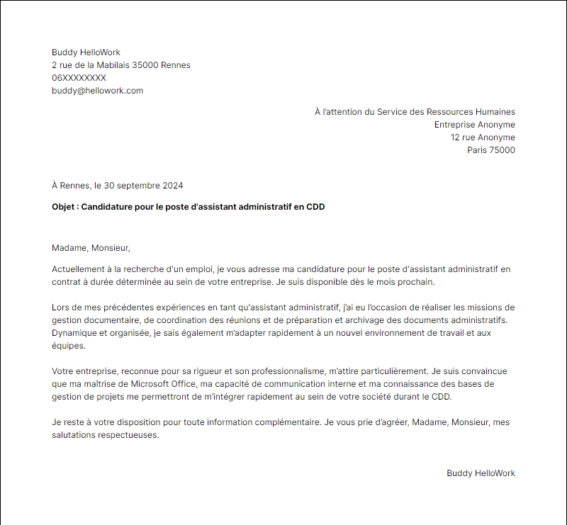 Modèle lettre de motivation Cdd Exemple lettre de motivation Cdd