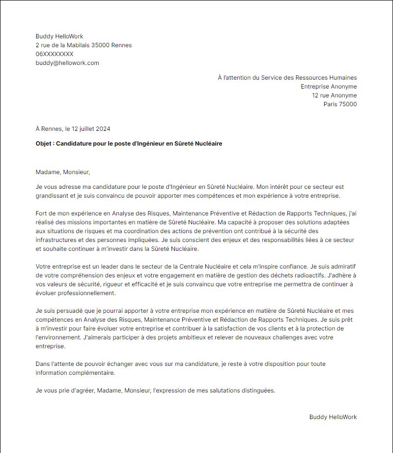 Modèle lettre de motivation pour le secteur Centrale nucléaire Exemple lettre de motivation pour le secteur Centrale nucléaire