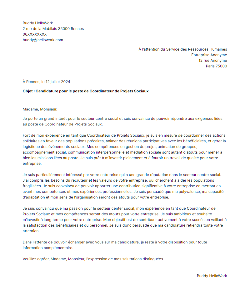 Modèle lettre de motivation pour le secteur Centre social Exemple lettre de motivation pour le secteur Centre social