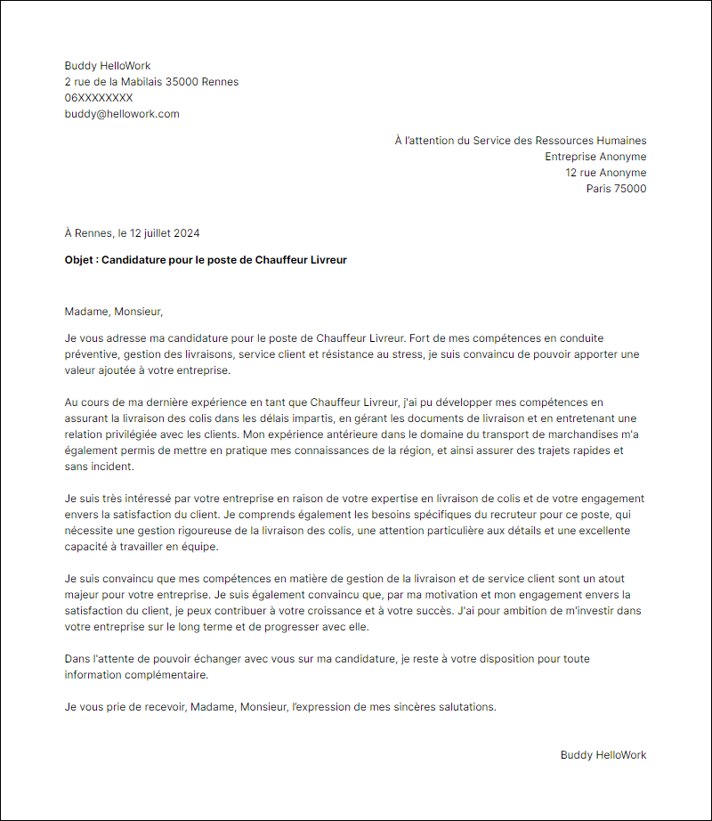 Modèle lettre de motivation en tant que Chauffeur livreur permis b Exemple lettre de motivation en tant que Chauffeur livreur permis b