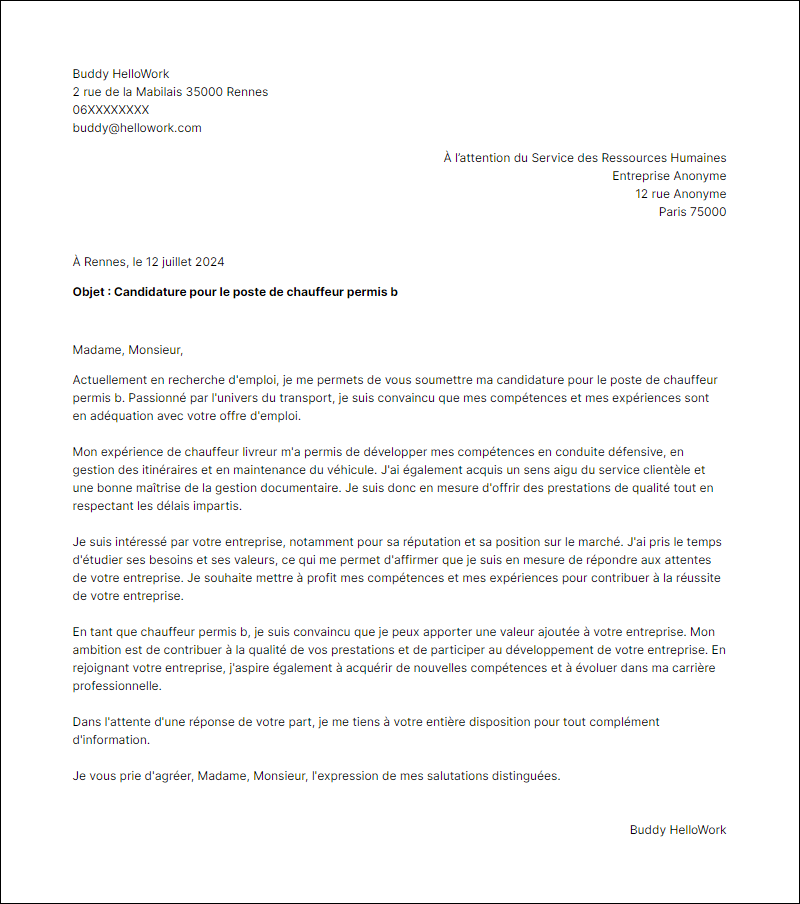 Modèle lettre de motivation en tant que Chauffeur permis b Exemple lettre de motivation en tant que Chauffeur permis b
