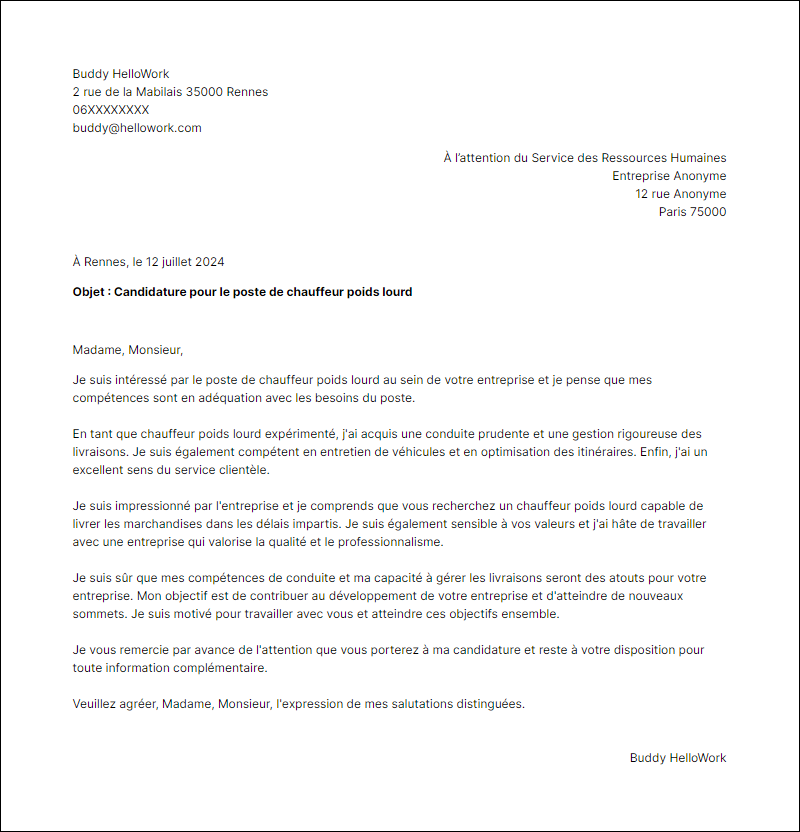 Modèle lettre de motivation en tant que Chauffeur Poids Lourd Exemple lettre de motivation en tant que Chauffeur Poids Lourd