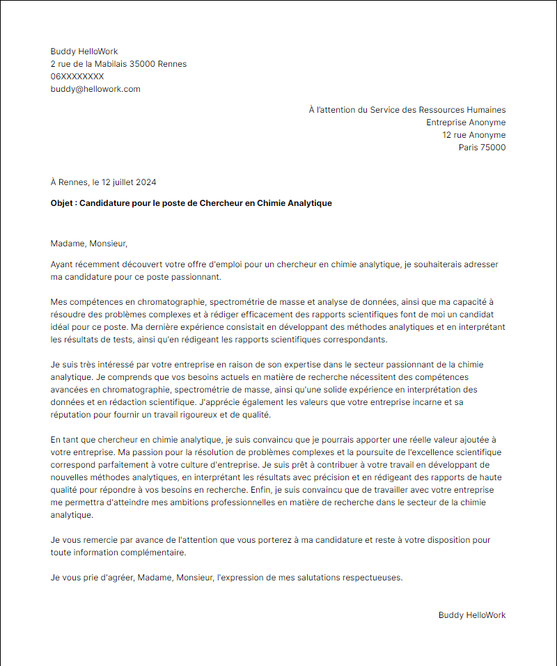 Modèle lettre de motivation pour le secteur Chimie analytique Exemple lettre de motivation pour le secteur Chimie analytique
