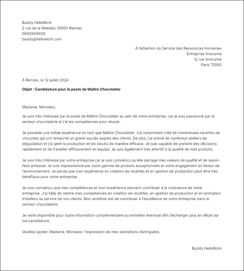 Modèle lettre de motivation pour le secteur Chocolaterie Exemple lettre de motivation pour le secteur Chocolaterie