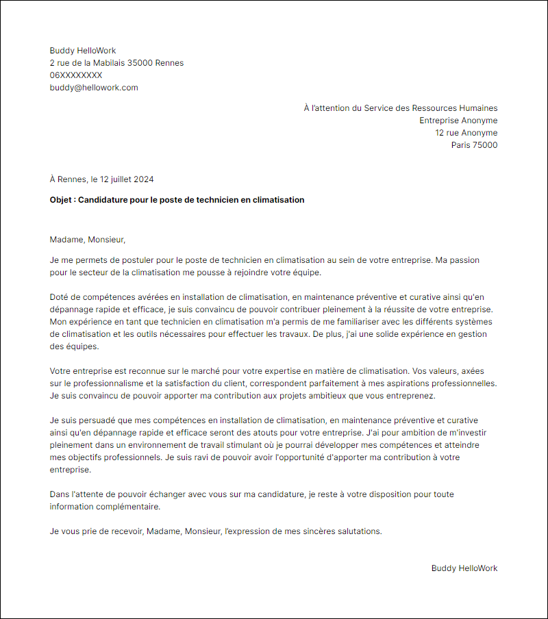 Modèle lettre de motivation pour le secteur Climatisation Exemple lettre de motivation pour le secteur Climatisation