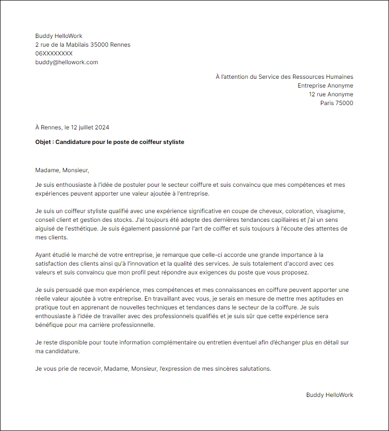 Modèle lettre de motivation pour le secteur Coiffure Exemple lettre de motivation pour le secteur Coiffure