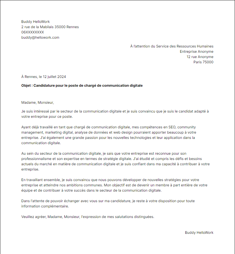 Modèle lettre de motivation pour le secteur Communication digitale Exemple lettre de motivation pour le secteur Communication digitale
