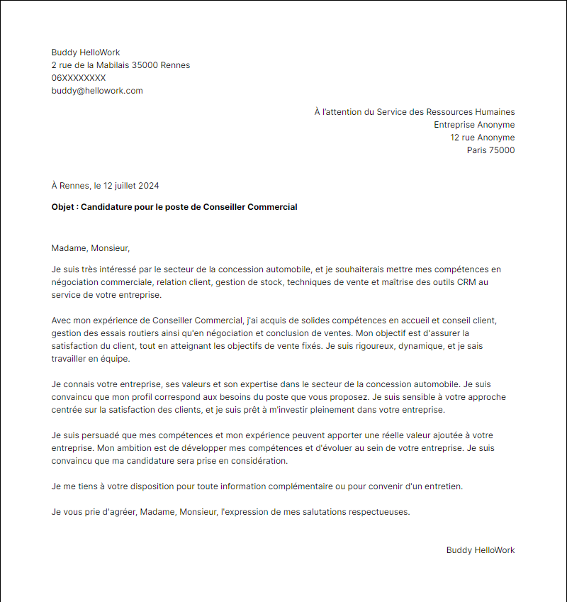 Modèle lettre de motivation pour le secteur Concession automobile Exemple lettre de motivation pour le secteur Concession automobile