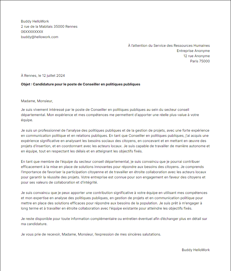 Modèle lettre de motivation pour le secteur Conseil Departemental Exemple lettre de motivation pour le secteur Conseil Departemental