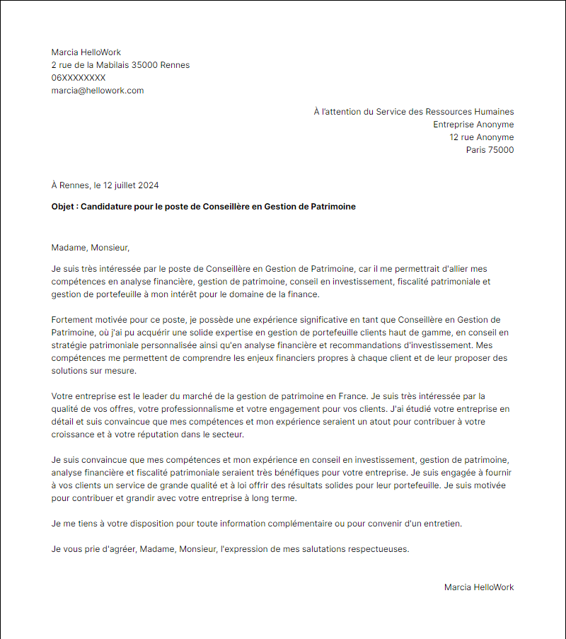 Modèle lettre de motivation en tant que Conseiller Gestion De Patrimoine Exemple lettre de motivation en tant que Conseiller Gestion De Patrimoine
